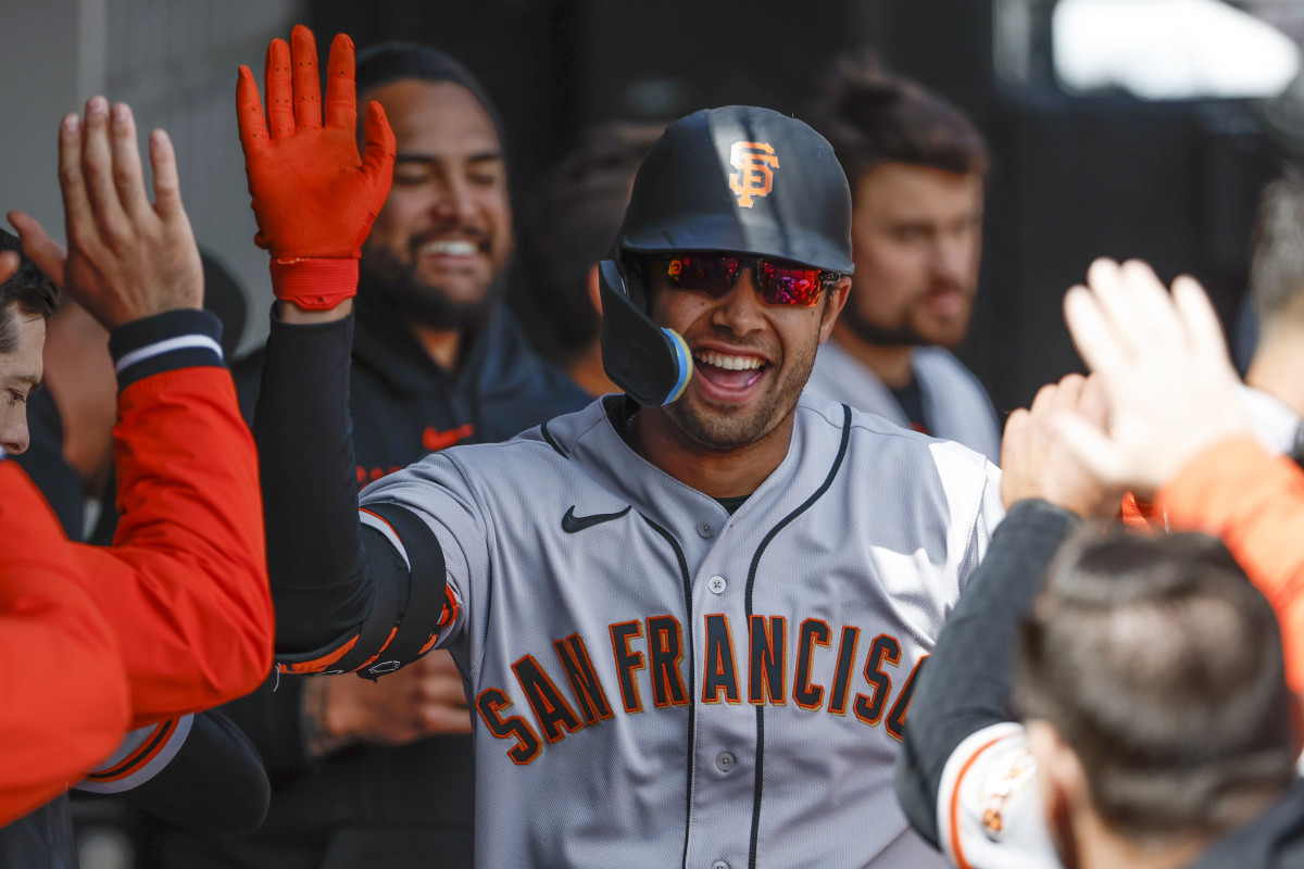 SF Giants catcher Blake Sabol celebrates with teammates after hitting a solo home run against the Chicago White Sox. (2023)